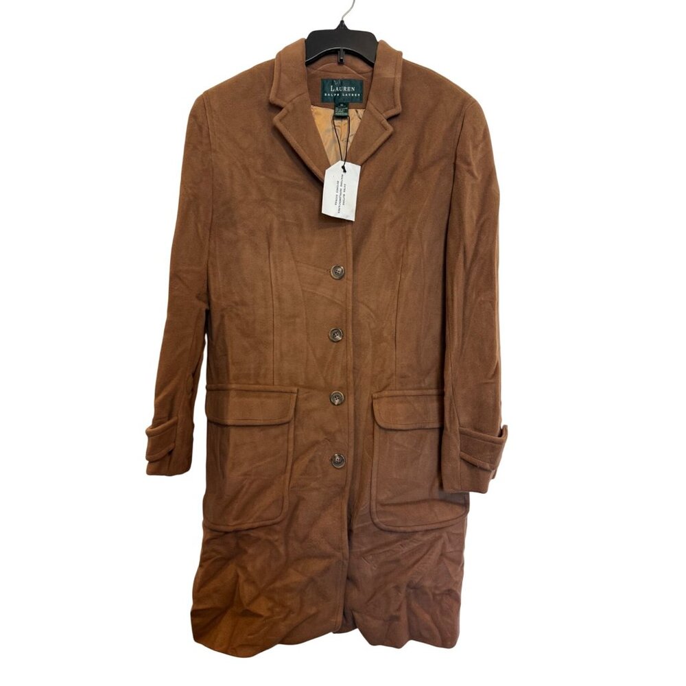 Vintage Lauren Ralph Lauren Womens Coat Size 10 Tan Long Button Down Wool Blend
